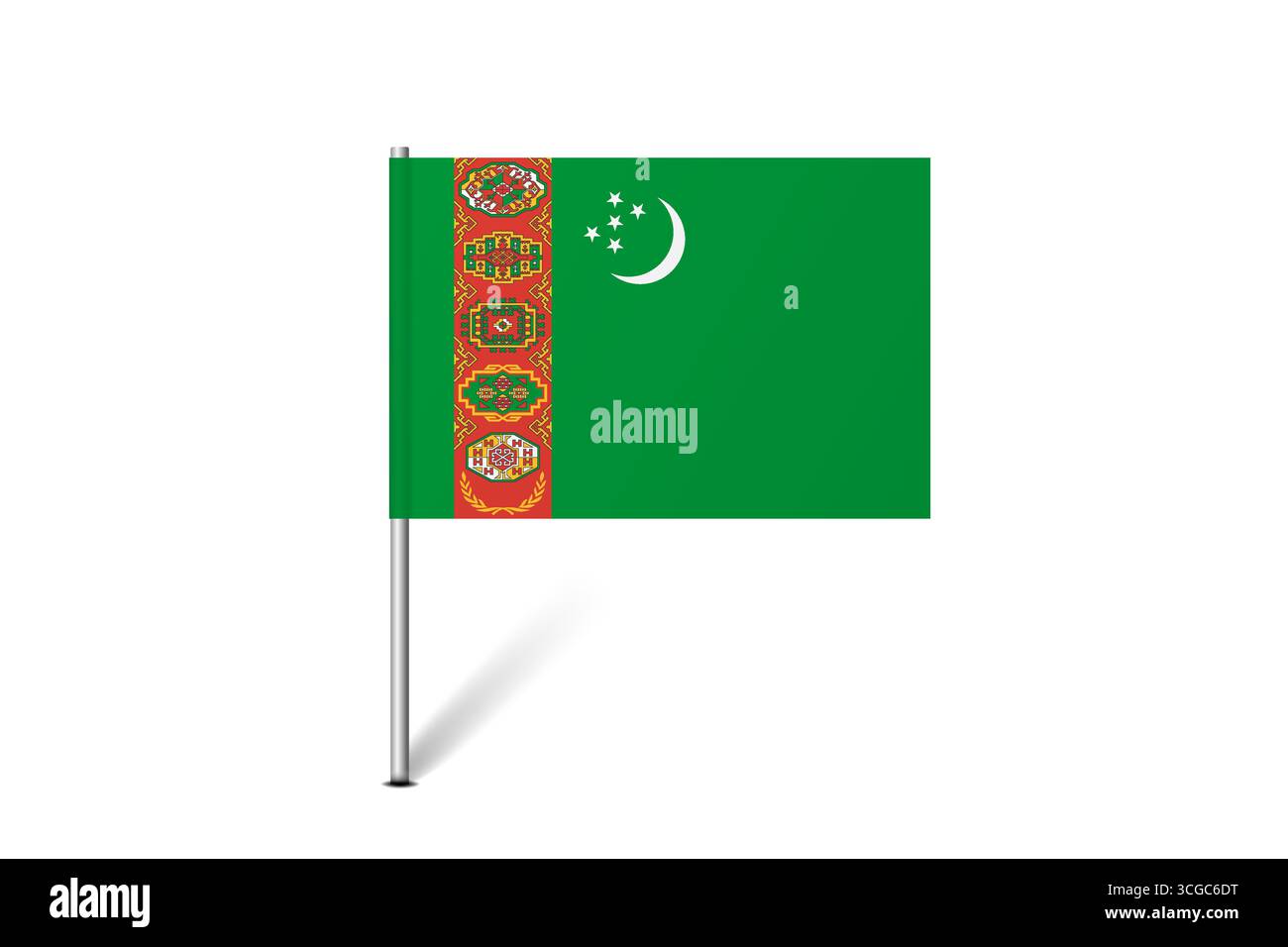 Turkmenistan-Flagge – Karte mit einer PIN-Flagge, die eine kulturelle Identität und ein kulturelles Erbe des Landes darstellt. Das Wesen des nationalen Stolzes und der Einheit. Kennung der Kartenstecknadel hängt auf weißem Hintergrund Stock Vektor