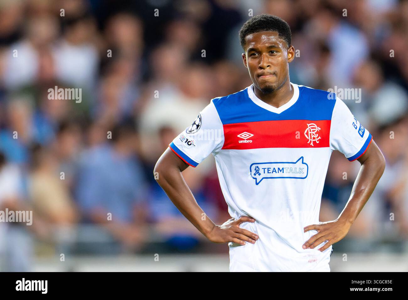 Brügge, Belgien. August 2025. BRÜGGE, BELGIEN - 27. AUGUST: Jayden Meghoma von den Rangers sieht am 27. August 2025 im Jan Breydel Stadion in Brügge, Belgien, während der Play-offs der UEFA Champions League im zweiten Leg-Spiel zwischen Club Brugge und Rangers. (Foto von Joris Verwijst/Orange Pictures) Credit: Orange Pics BV/Alamy Live News Stockfoto