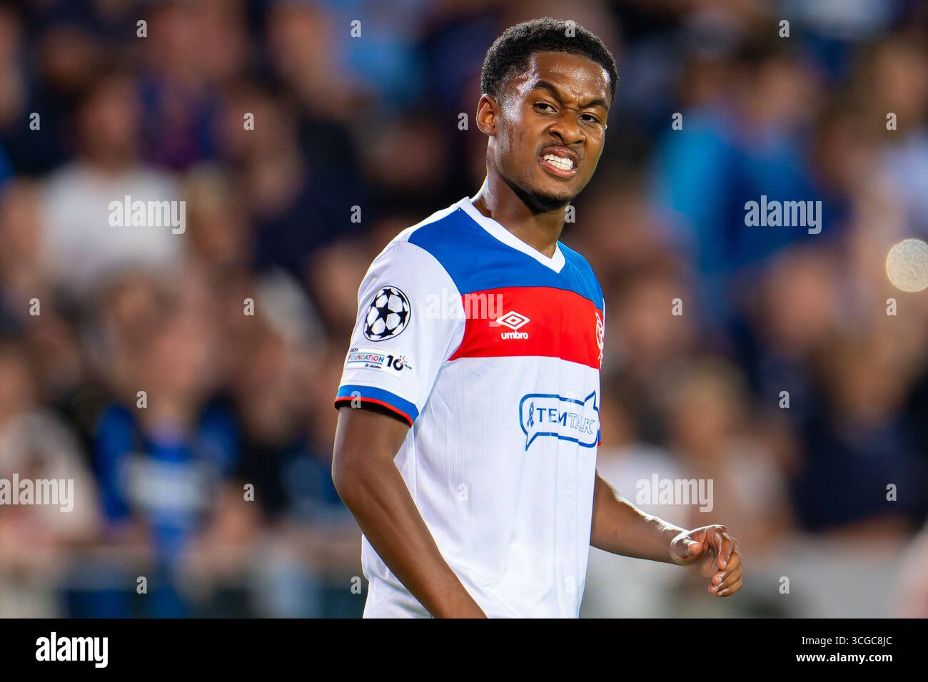 Brügge, Belgien. August 2025. BRÜGGE, BELGIEN - 27. AUGUST: Jayden Meghoma von den Rangers reagiert während der Play-offs der UEFA Champions League Runde 2 Leg zwischen Club Brugge und Rangers im Jan Breydel Stadium am 27. August 2025 in Brügge. (Foto von Joris Verwijst/Orange Pictures) Credit: Orange Pics BV/Alamy Live News Stockfoto