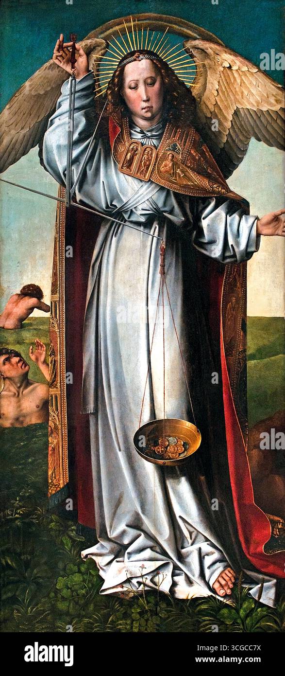 Fragment eines Altaraufsatzes des letzten Gerichts , der Erzengel Michael 1500 Colijn de COTER Flämisch Belgien ( Colijn de COTER 1440-1445–1522-1532 war ein südniederländischer Maler, der den Flämischen Primitiven angehörte). Stockfoto