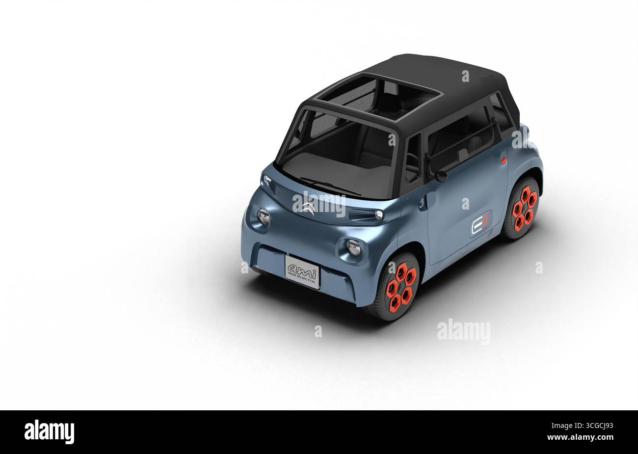 Izmir, Türkei - 27. August 2025: Realistisches 3D-Rendering eines bläulich-grauen Citroen Ami aus dem Jahr 2020, leichte linke Front- und Draufsicht, weißer Hintergrund. Stockfoto