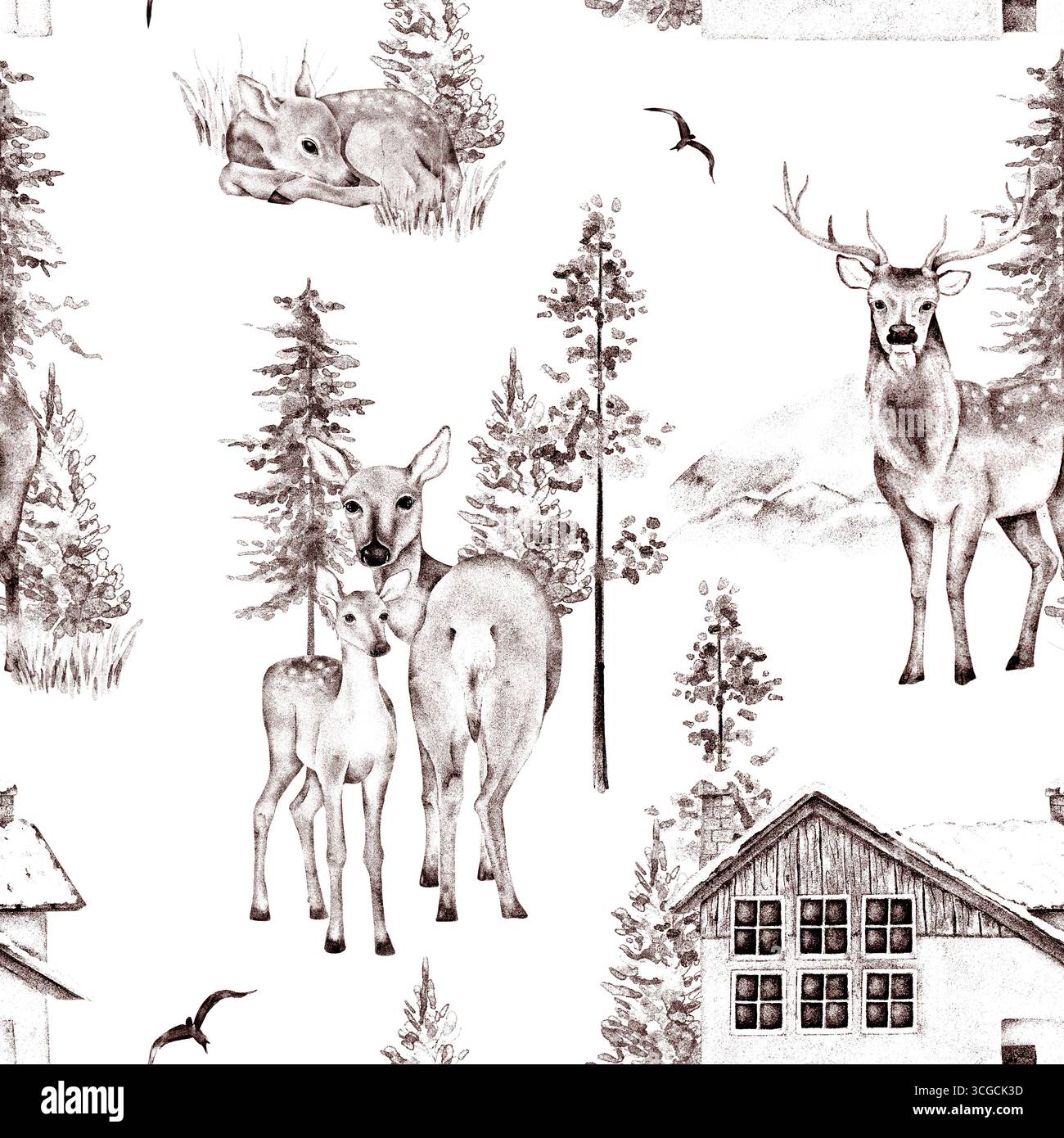 Nahtloses Hirschmuster im Retro-Stil in handgezeichneten grafischen Tintenstrichen mit Waldbäumen, Bergen und Häusern, isoliert auf weißem Hintergrund. Stockfoto