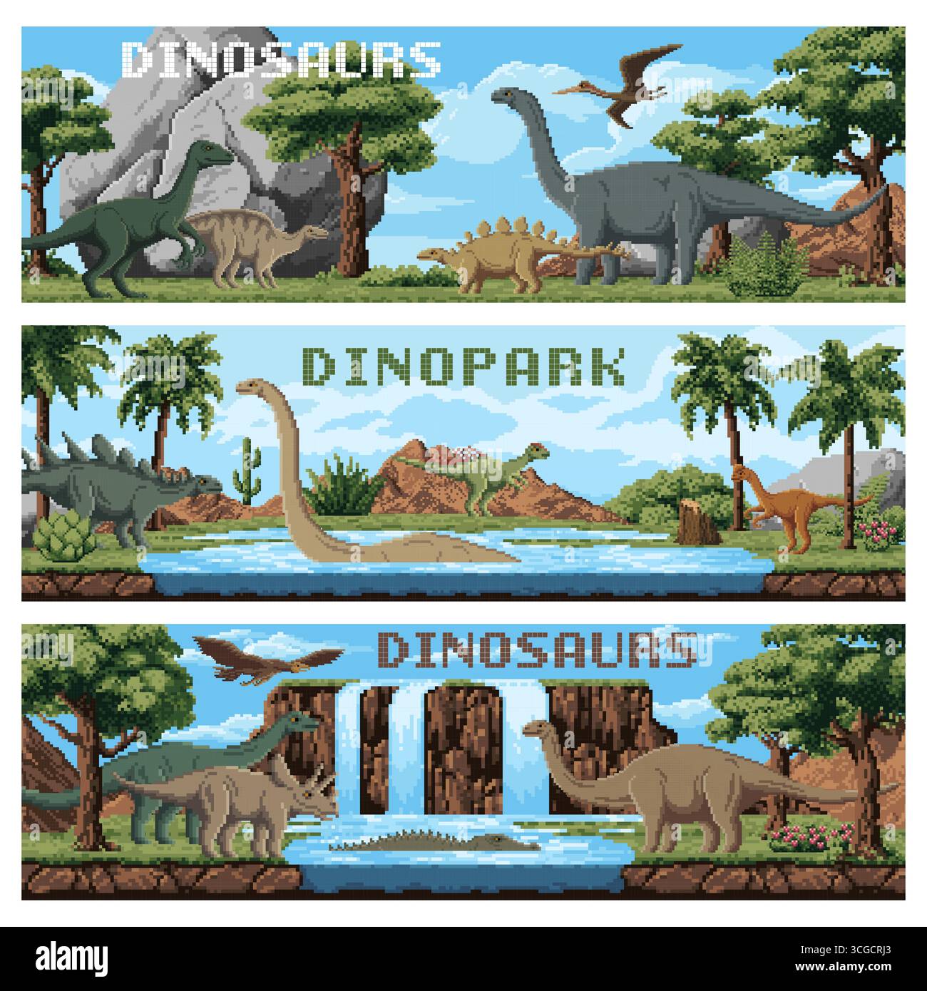 8-Bit-Art-Dino-Park-Banner und prähistorische Dinosaurier-Reptilien in der Naturlandschaft. Vector Retro 8-Bit-Videospiel oder Park mit Brontosaurus, Stegosaurus, triceratops, Pterodactyl und Krokodil Stock Vektor