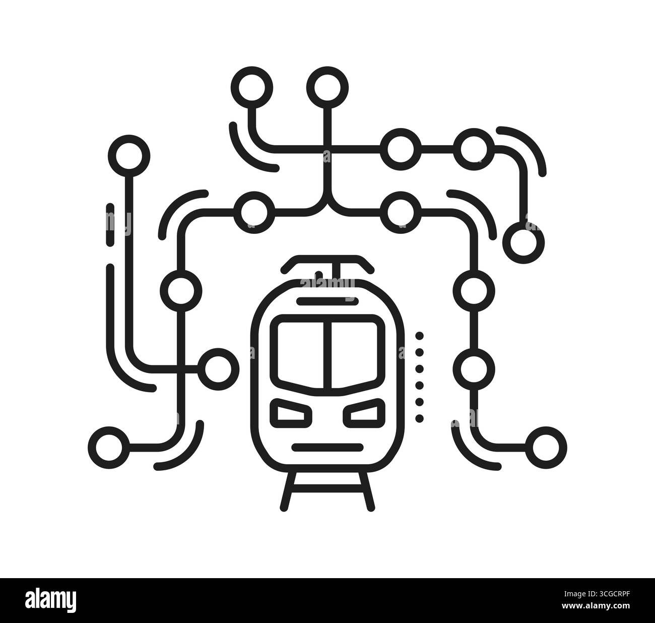 Eisenbahn- und Eisenbahnsymbol der Bahn- oder U-Bahn-Karte und Bahnhofskarte, Vektorpiktogramm. Eisenbahn- und Eisenbahnlinie Symbol der U-Bahn-, U-Bahn- und Straßenbahnstationen Karte für den städtischen Personenverkehr Stock Vektor