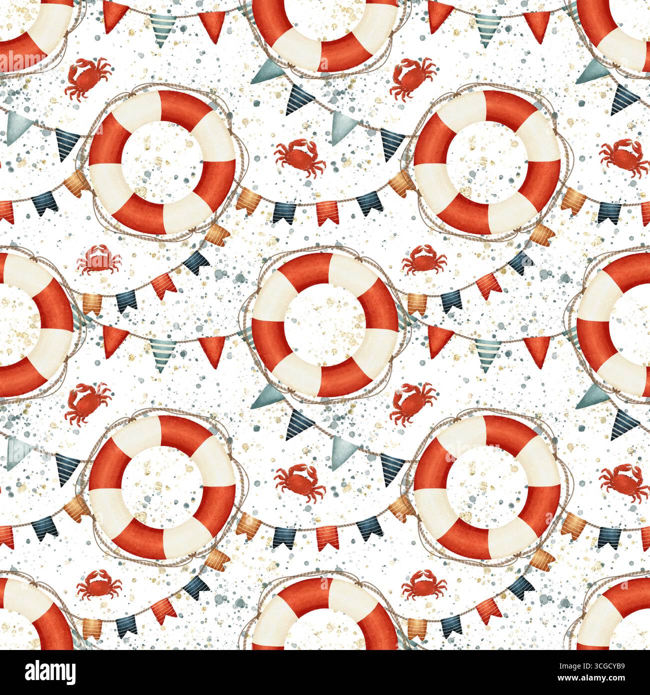 Ein lebhaftes Muster mit Rettungsbändern, festlichen Bannern und Meereselementen, ideal für Sommermotive. Handgezeichnetes nahtloses Muster auf weißem Hintergrund zum Drucken auf Stoff und Papier. Stockfoto