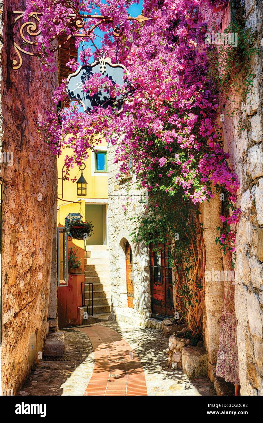 Blick auf eine schmale mittelalterliche Straße mit blühenden Blumen, Eze Village, Alpes Maritimes, Cote d'Azur, Frankreich Stockfoto