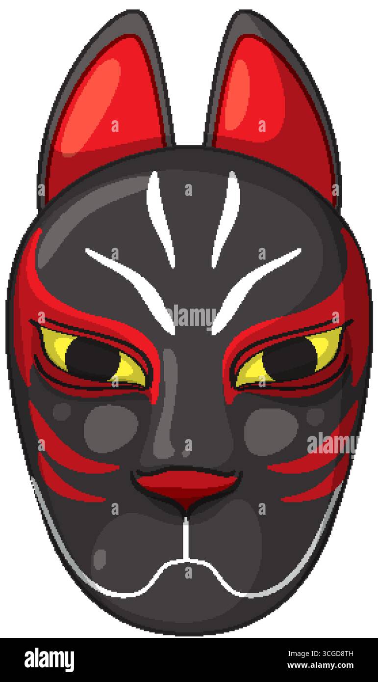 Stilisierte japanische Fuchsmaske Illustration, kräftige rote und schwarze Farben, saubere Vektorlinien, Frontalansicht Stock Vektor