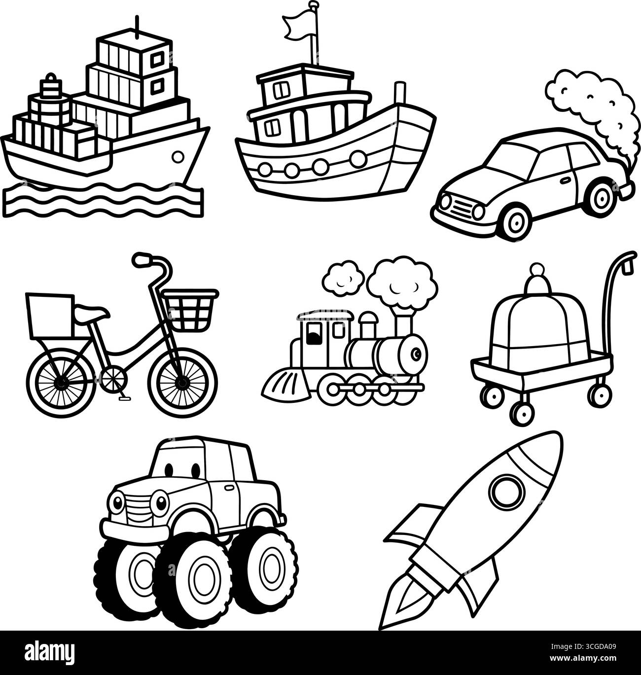 Sammlung von alten und modernen handgezeichneten Transportfahrzeugen einschließlich Autos Taxis Auto Rikschas Transporter LKW Züge Flugzeuge Schiffe und Schneebesen Stock Vektor