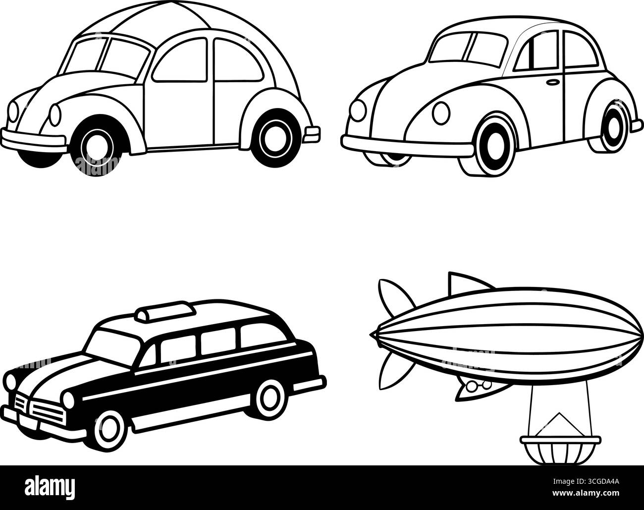 Sammlung von alten und modernen handgezeichneten Transportfahrzeugen einschließlich Autos Taxis Auto Rikschas Transporter LKW Züge Flugzeuge Schiffe und Schneebesen Stock Vektor