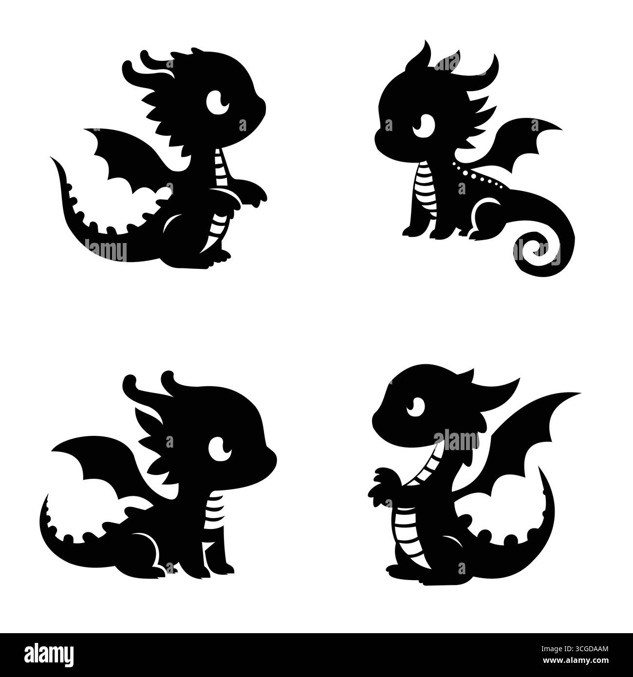 4 Baby Dragon Silhouette Vektoren in Schwarz auf weißem Hintergrund Stock Vektor