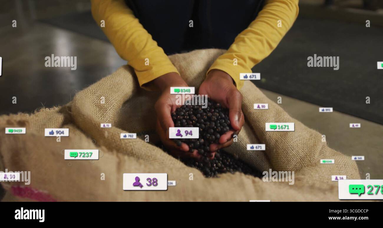 Zeigt die Hände der Arbeiter in Senfhemd mit Kaffeebohnen in der Einrichtung, mit schwebenden Symbolen Stockfoto