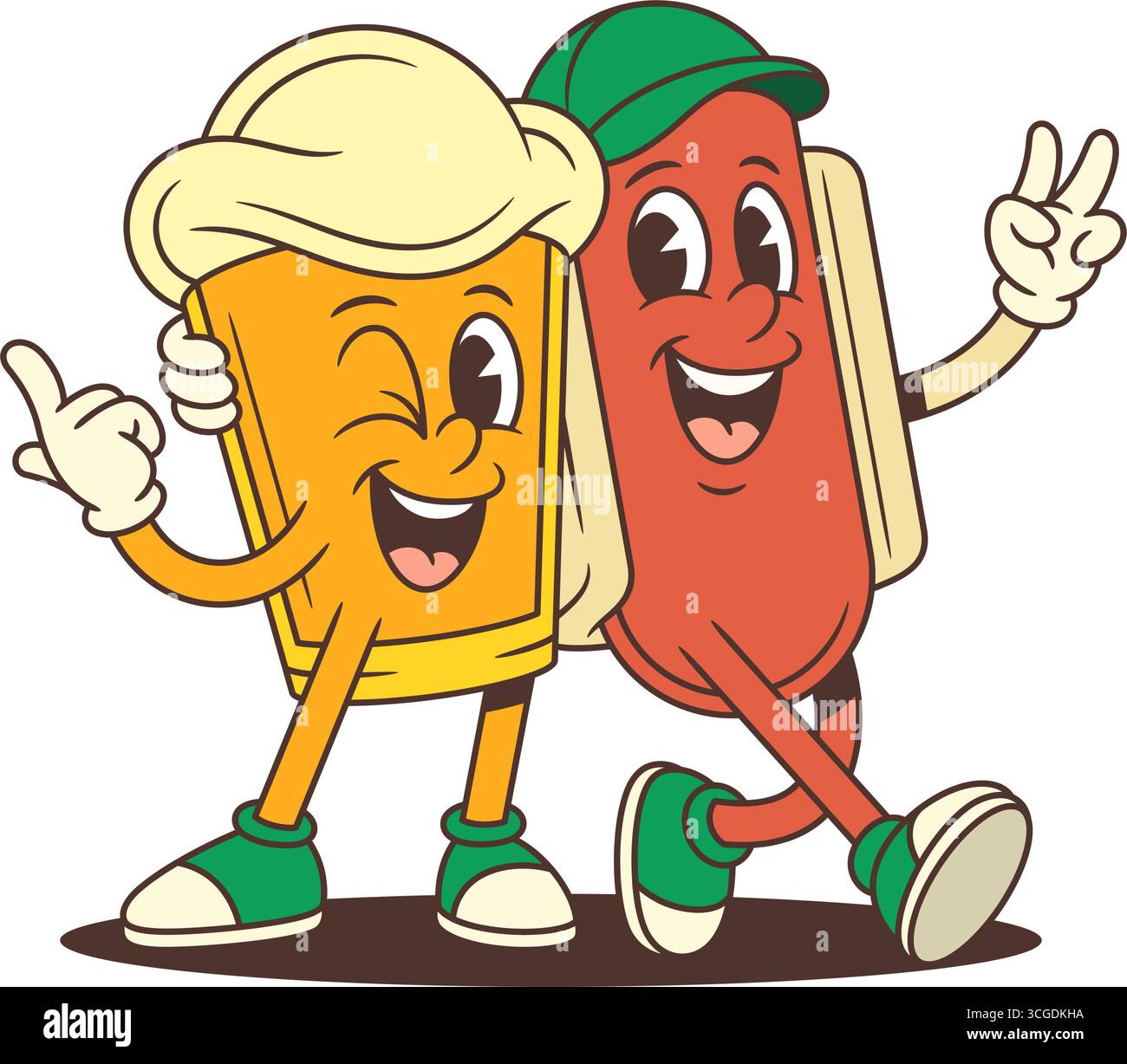 Verspielter Cartoon Bierglascharakter mit einer großen Schaumstoffplatte, die beim Umarmen von Hot Dog-Freund zwinkert. Perfektes Design für Brauereiwerbung und Food festiva Stock Vektor