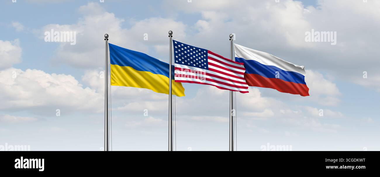 USA Ukraine Russland trifft sich als diplomatische Flaggensymbole für Verhandlungen Konzept zur Aushandlung eines Waffenstillstands oder eines Friedensabkommens oder eines Waffenstillstands zur Vermittlung von Medizin Stockfoto