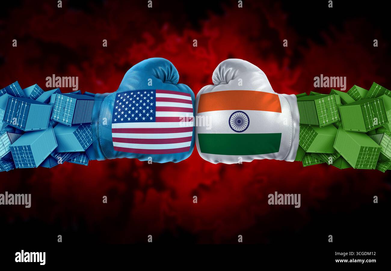 Indien US-Handelskrieg oder indischer und amerikanischer Zollkonflikt oder Washington New Delhi-Beziehungskrise als USA-Zölle mit zwei gegensätzlichen südasiatischen TRA Stockfoto