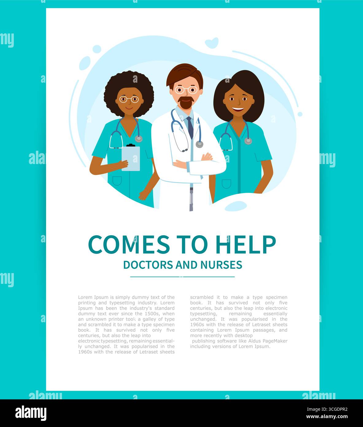 Poster oder Banner mit Gruppe von Ärzten, medizinisches Zentrum. Kommt, um Ärzten und Krankenschwestern zu helfen. Stock Vektor