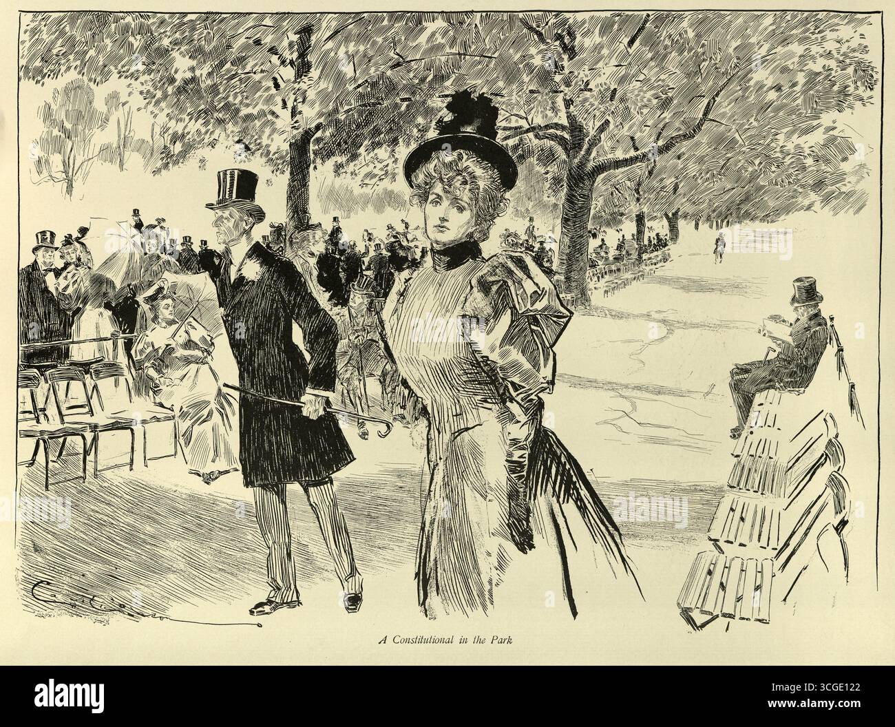 Im Park, Sketches aus dem viktorianischen London, Charles Dana Gibson, Kunst aus den 1890er Jahren des 19. Jahrhunderts Stockfoto