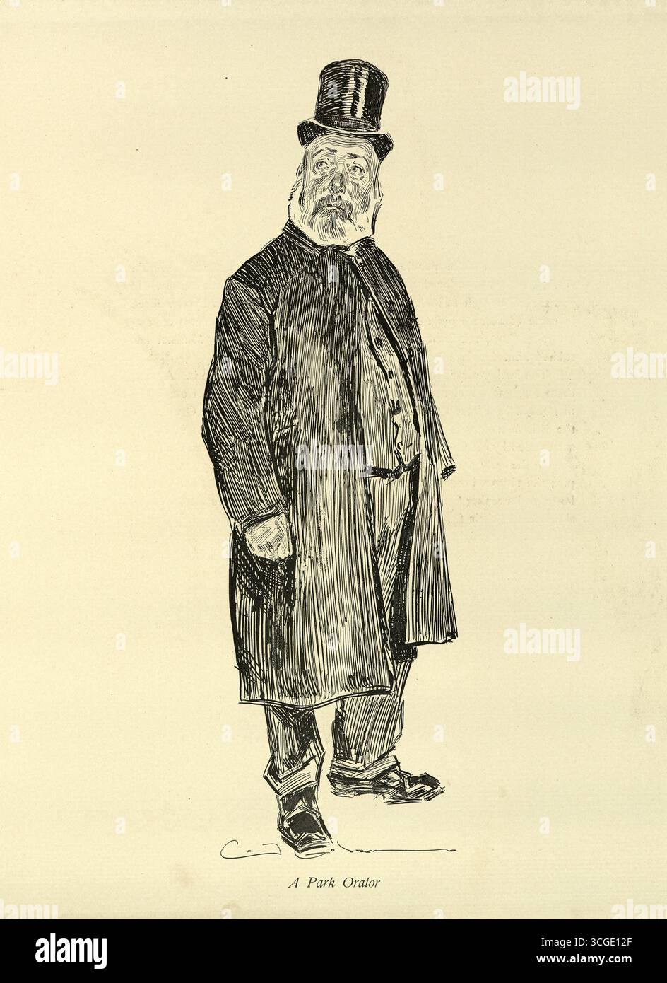 Reifer Mann mit Tophut, Parkorator, Sketches aus viktorianischem London, Charles Dana Gibson, Kunst aus dem 19. Jahrhundert der 1890er Jahre Stockfoto