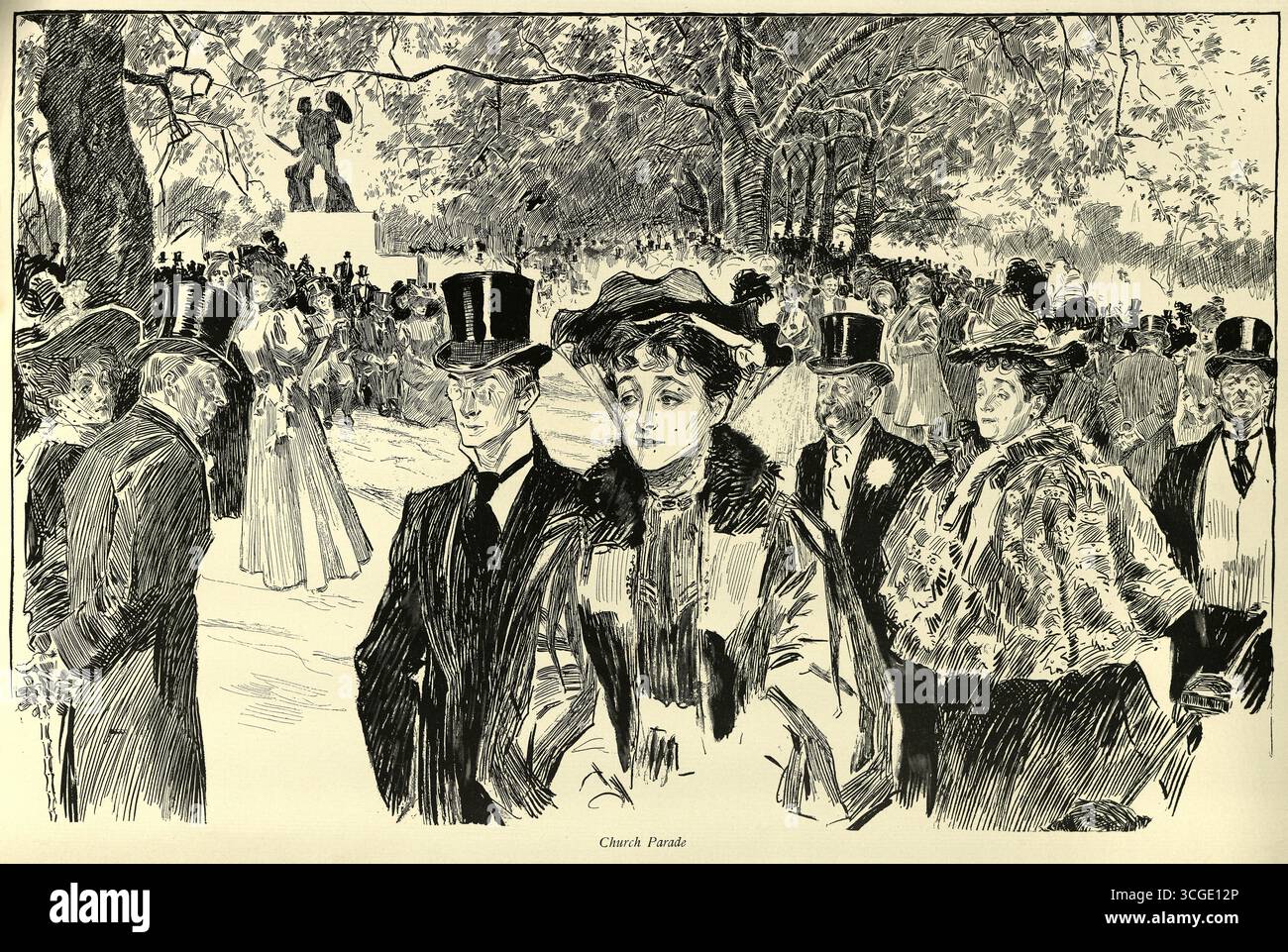 Londoner gehen auf der Church Parade, Hyde Park, Sketches from Victorian London, Charles Dana Gibson, Kunst aus dem 19. Jahrhundert der 1890er Jahre Stockfoto