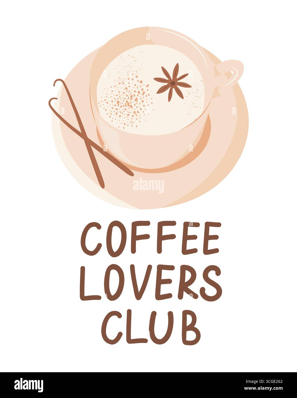 Coffee Lover Club Vektor Illustration mit Schriftzug und Tasse Kaffee. Vektorillustration für Grußkarte, Einladungsvorlage, Aufkleber Stock Vektor