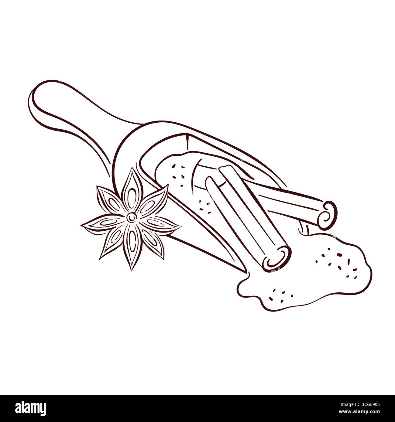Illustration im Linienstil mit Zimtstab und Sternanis für kulinarische und kochende Designs. Stock Vektor