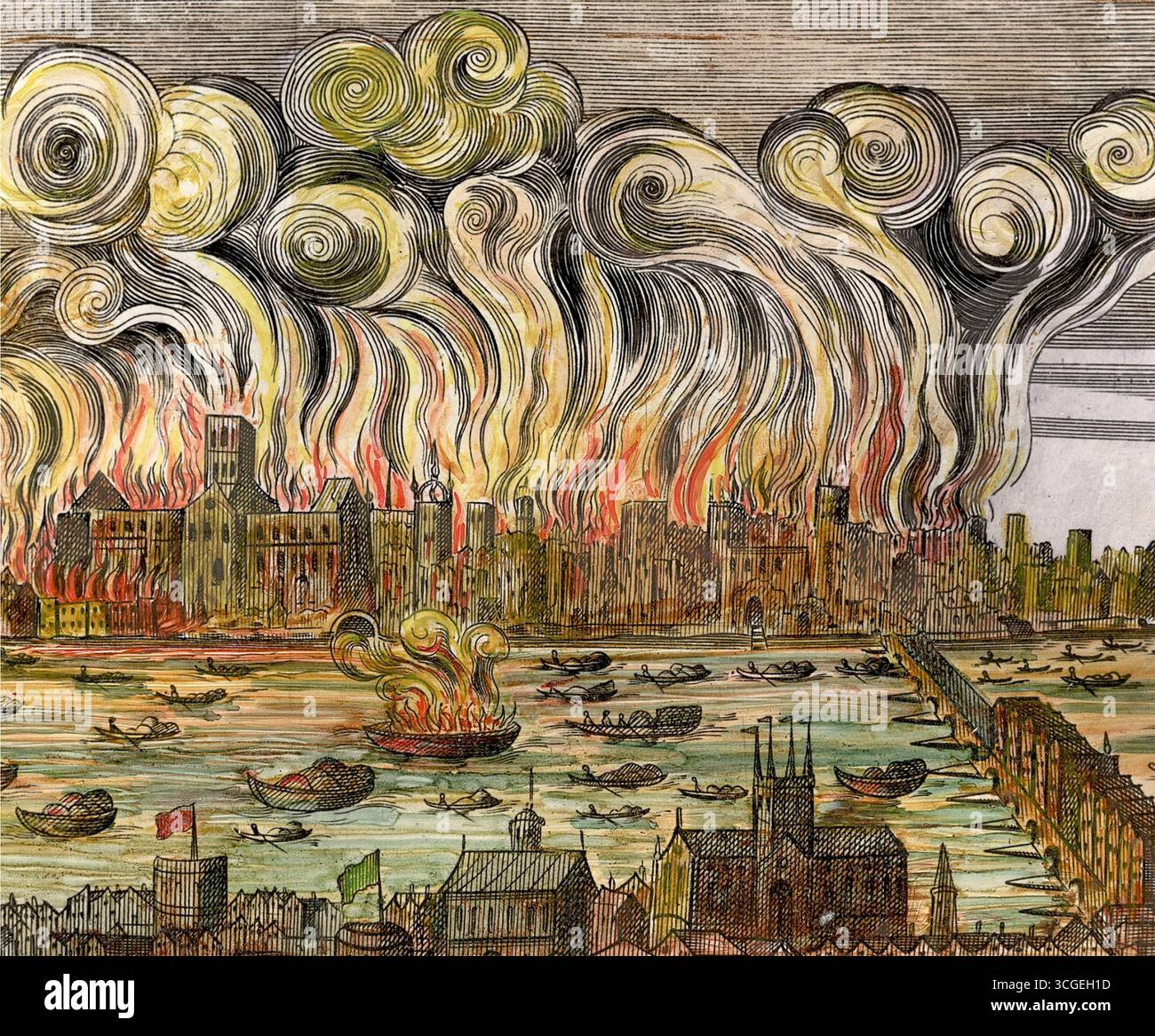 GROSSER BRAND VON LONDON September 1666 in einem zeitgenössischen farbigen Holzschnitt. Stockfoto