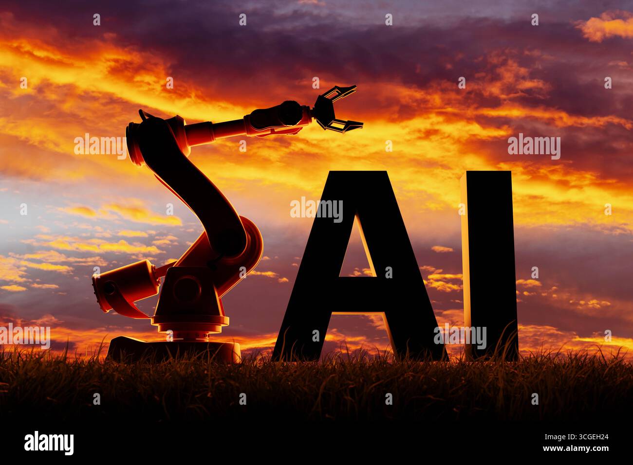 Silhouette des Wortes AI und Roboterarm auf einem Grasland bei Sonnenuntergang. Illustration künstlicher Intelligenz, Automatisierung neuronaler Netzwerke Stockfoto