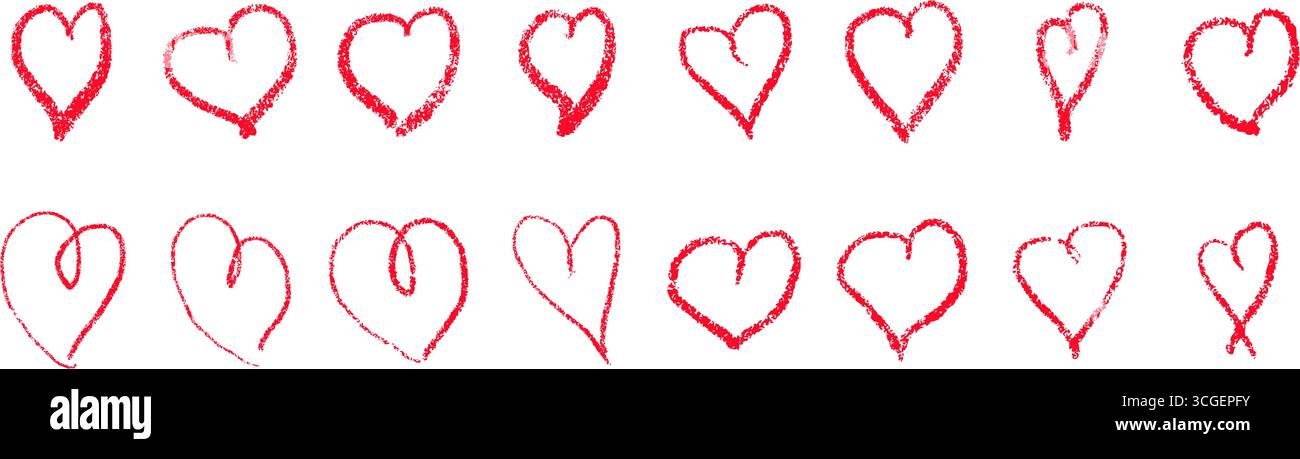 Rote Kreide Herzkritzelchen. Handgezeichnete Valentinssymbole und romantische Liebesformen im Grunge-Stil. Niedliche Skizze Vektor-Illustration isoliert Stock Vektor