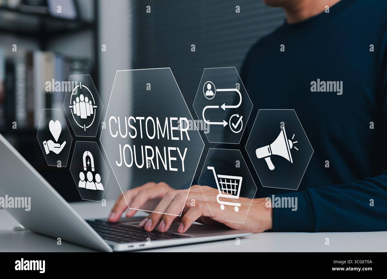 Customer Journey Konzept, das eine Person zeigt, die an einem Laptop arbeitet, mit digitalen Symbolen, die Touchpoints, Kundenbindung, Kundenbindung, Marketing, Stockfoto