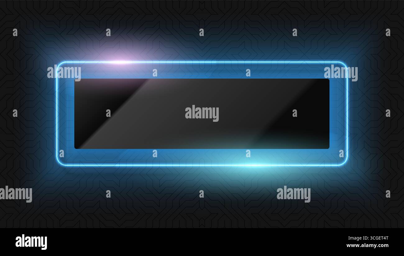 Hochwertiges abstraktes schwarzes Glasetikett, blauer Rahmen für leuchtende Neonlinien mit Hintergrundbeleuchtung auf schwarzem Hintergrund mit geometrischem Muster. Rechteckige Logo-Vorlage in luxuriösem Glanz Stock Vektor Hochwertiges abstraktes schwarzes Glasetikett, blauer Rahmen für leuchtende Neonlinien mit Hintergrundbeleuchtung auf schwarzem Hintergrund mit geometrischem Muster. Rechteckige Logo-Vorlage in luxuriösem Glanz Stock Vektor