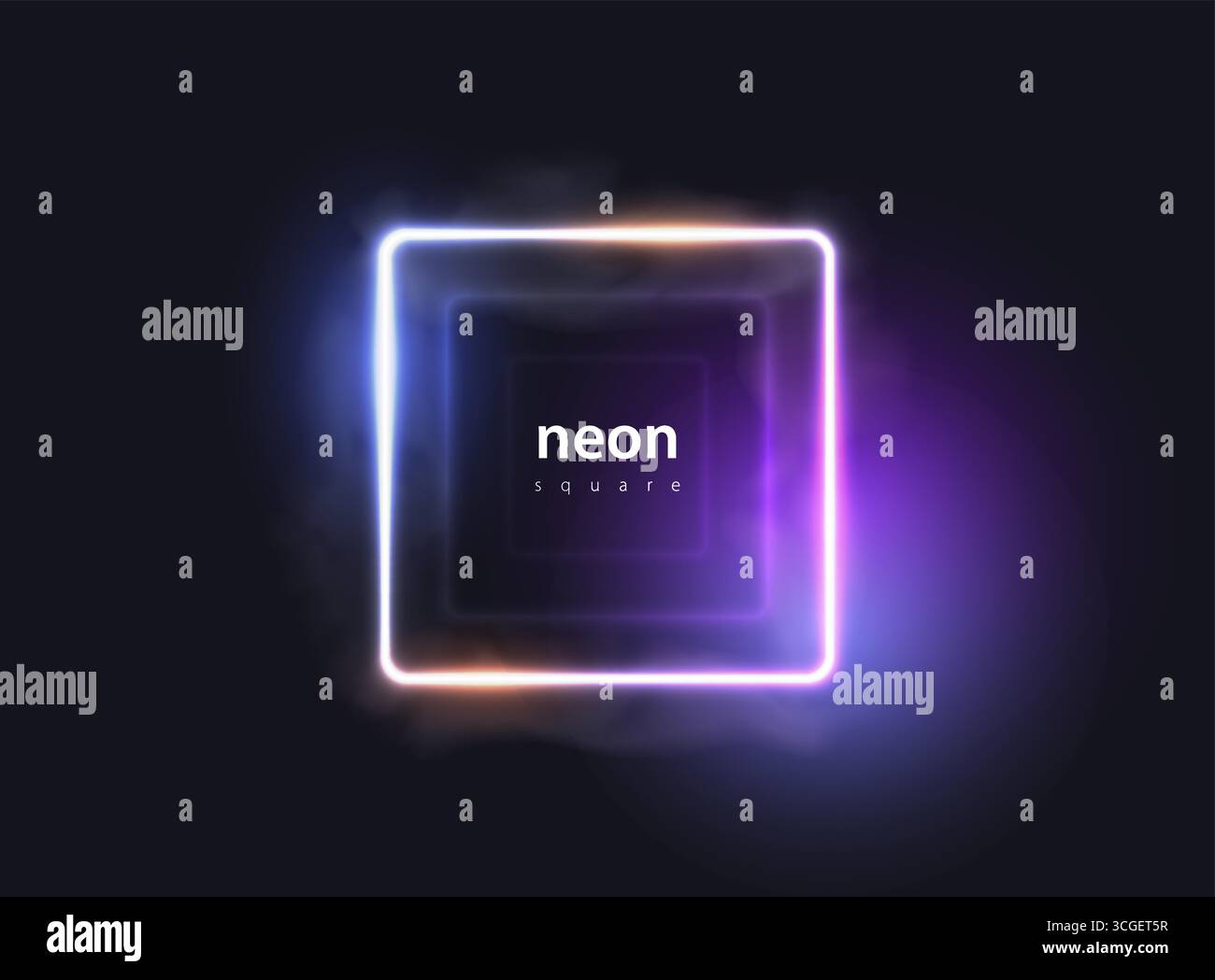Abstrakter Hintergrund mit quadratischer Neonlinie. Rechteckiger Rahmen mit Lichtreflexion, Rauchnebel und blauem und violettem Lichteffekt. Vektorglühen Stock Vektor Abstrakter Hintergrund mit quadratischer Neonlinie. Rechteckiger Rahmen mit Lichtreflexion, Rauchnebel und blauem und violettem Lichteffekt. Vektorglühen Stock Vektor