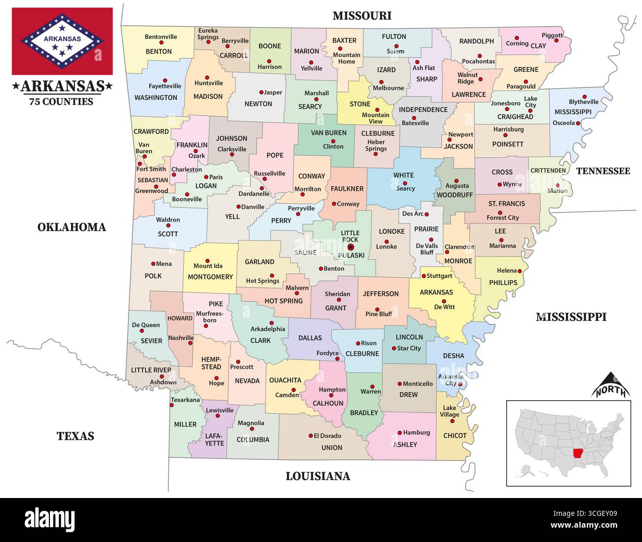 Landkarte des US-amerikanischen Bundesstaates Arkansas Stockfoto