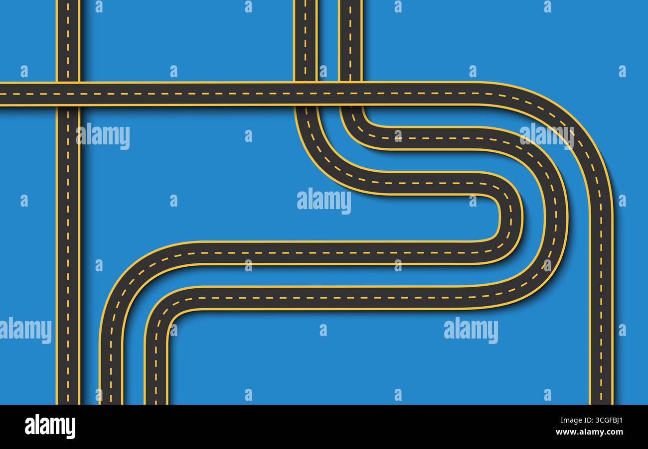 Blick von oben auf Autobahnkreuzungen mit gestrichelten Straßenlinien und kariertem Finish auf einem hellblauen Hintergrund. Perfekt für Fahrspiele und Rennen Stock Vektor