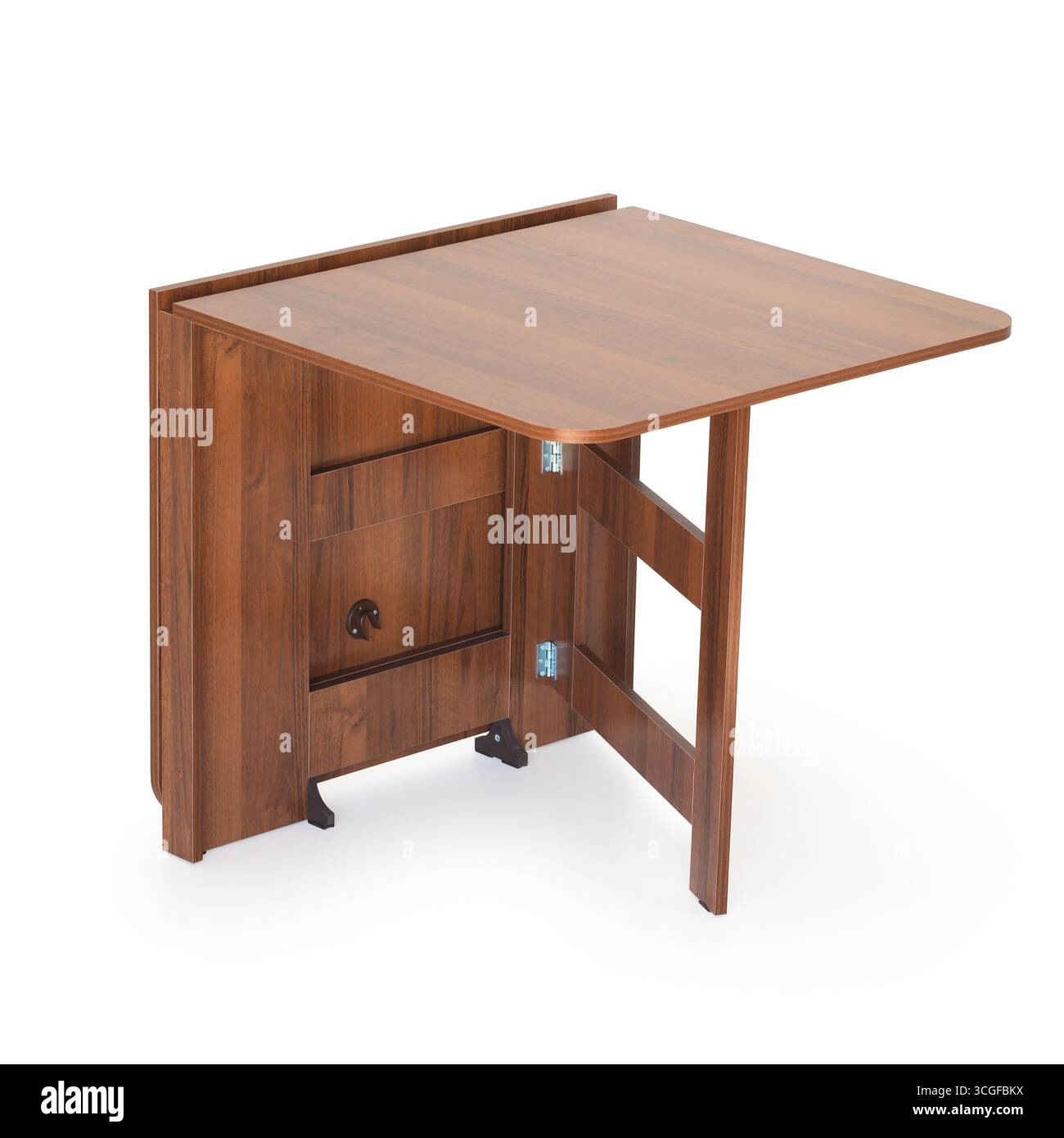 Klapptisch auf halbem Weg offen, französische Walnussfarbe, isoliert auf weißem Hintergrund Stockfoto