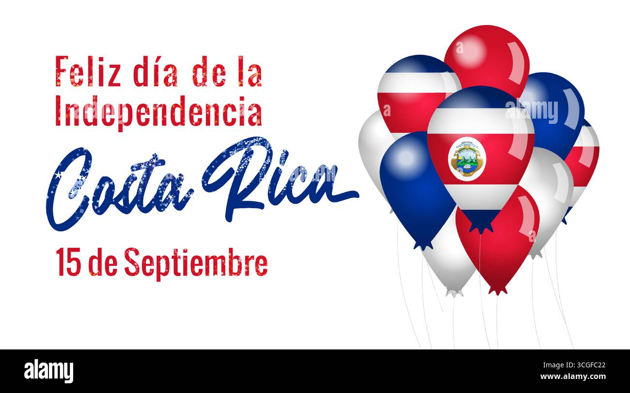 Spanische Grußkarte zum Happy Independence Day Costa Rica mit dekorativen 3D-Ballons und isolierten glänzenden Elementen. Weißer Hintergrund. Stock Vektor