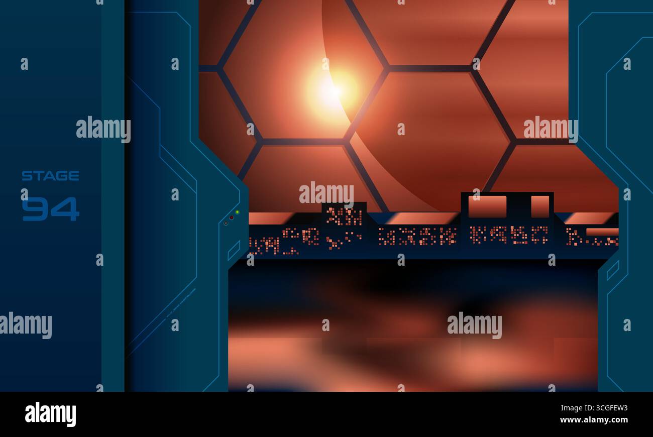 Futuristischer Science-fiction-Kontrollraum mit leuchtender Leinwand und sechseckigem Fenster mit Blick auf einen fernen Stern oder Planeten. Dunkle High-Tech-Raumstation Stock Vektor Futuristischer Science-fiction-Kontrollraum mit leuchtender Leinwand und sechseckigem Fenster mit Blick auf einen fernen Stern oder Planeten. Dunkle High-Tech-Raumstation Stock Vektor