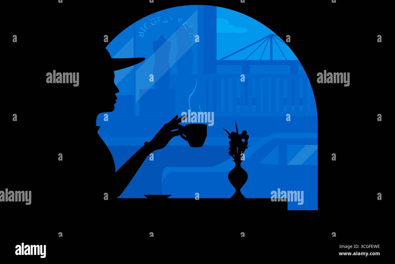 Vektor-Illustration einer Frau in Silhouette, die Kaffee an einem Fenster mit einer Stadtlandschaft im Hintergrund trinkt. Ruhige, moderne und stilvolle Café-Atmosphäre Stock Vektor