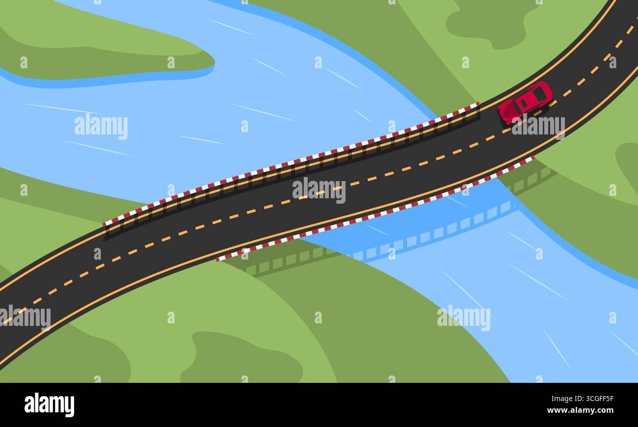 Abbildung von oben: Ein rotes Auto fährt über eine gekrümmte Brücke über einen blauen Fluss, umgeben von grüner Landschaft. Transportkonzept, trave Stock Vektor