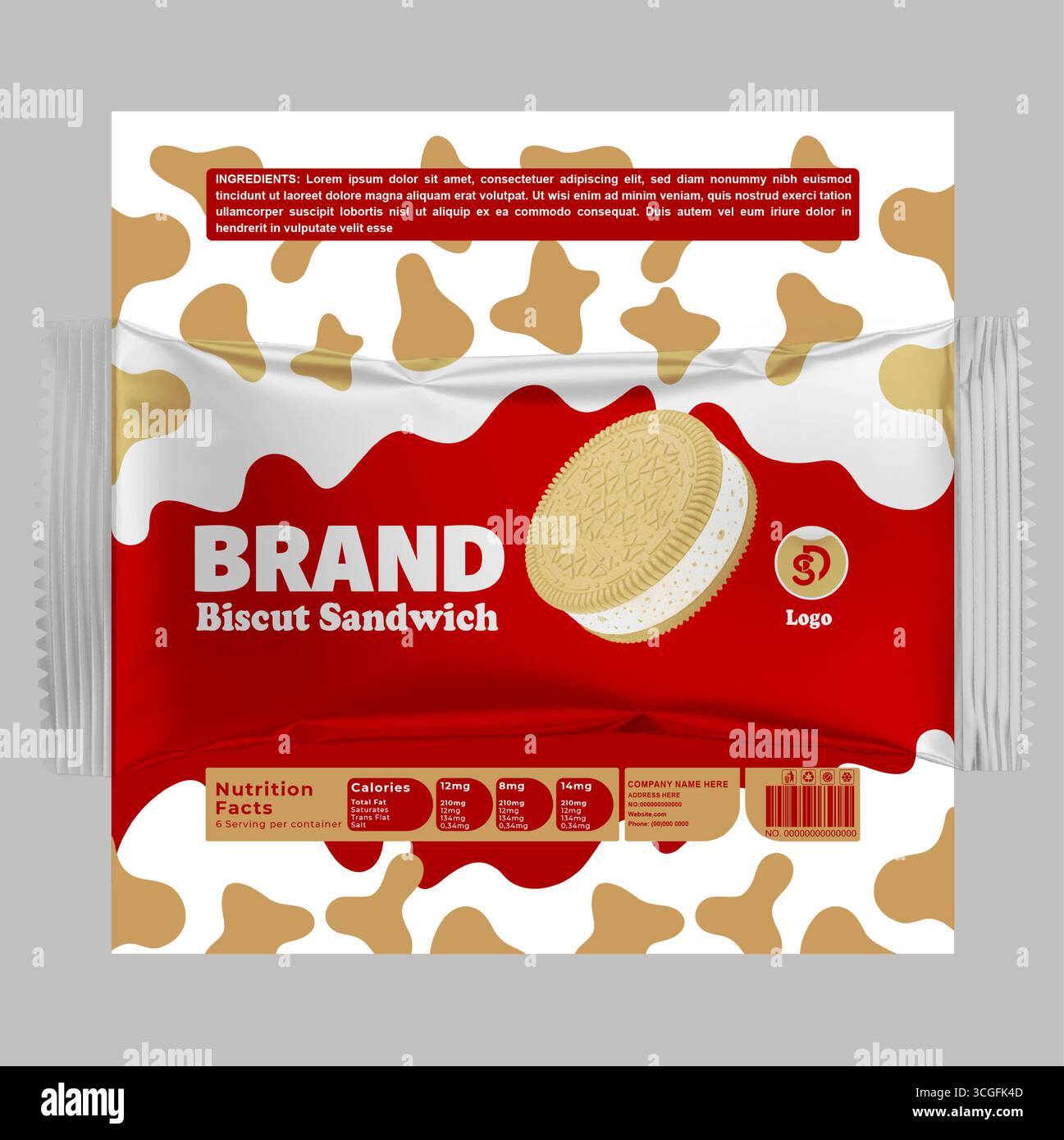 Realistische editierbare Keks-Sandwich-Verpackung – EPS-Vektor mit Folienwickeldesign Stock Vektor