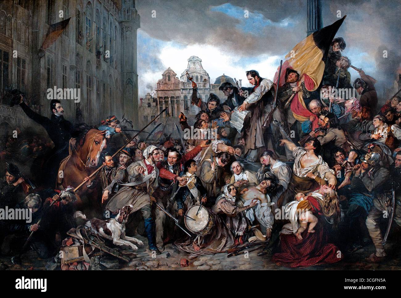 Episode der Septembertage 1830 Grand Place of Brussels von Egide Charles Gustave, Baron Wappers 1803 1874 Belgischer Maler , Museum ( 'Episode der Septembertage 1830' ist ein berühmtes Gemälde des flämischen romantischen Malers Gustave Wappers, das die belgische Revolution auf dem Grand Place in Brüssel darstellt ) Stockfoto