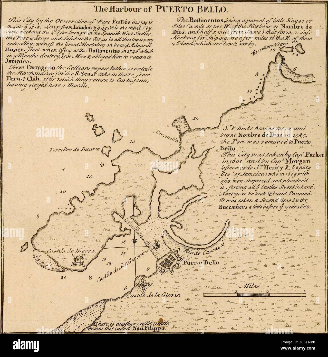 Historische Karte des Hafens von Puerto Bello, Panama, veröffentlicht 1740 während des Krieges von Jenkins’ Ohr (1739–1742). Aus einem englischen Pamphlet, in dem spanische Festungen in der Karibik dargestellt werden, um britische Kampagnen gegen Spanien zu fördern. Bild von der Library of Congress. Stockfoto