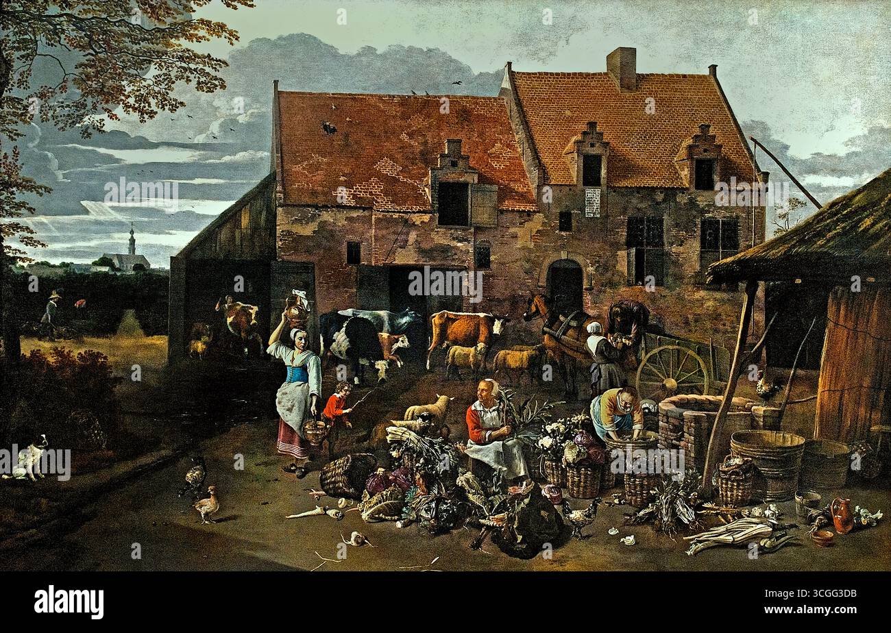 Bauernhof Maraichers - Bauernhof Gärtner 1664 Jan Siberechts 1627-1703 Flämisch belgisches Belgien , Museum ( Jan Siberechts (1627–1703) war ein flämischer Landschaftsmaler, der nach einer erfolgreichen Karriere in Antwerpen in der zweiten Hälfte seines Lebens nach England emigrierte. In seinen frühen Arbeiten entwickelte er einen persönlichen Stil der Landschaftsmalerei, mit Schwerpunkt auf der flämischen Landschaft und dem Landleben. Stockfoto
