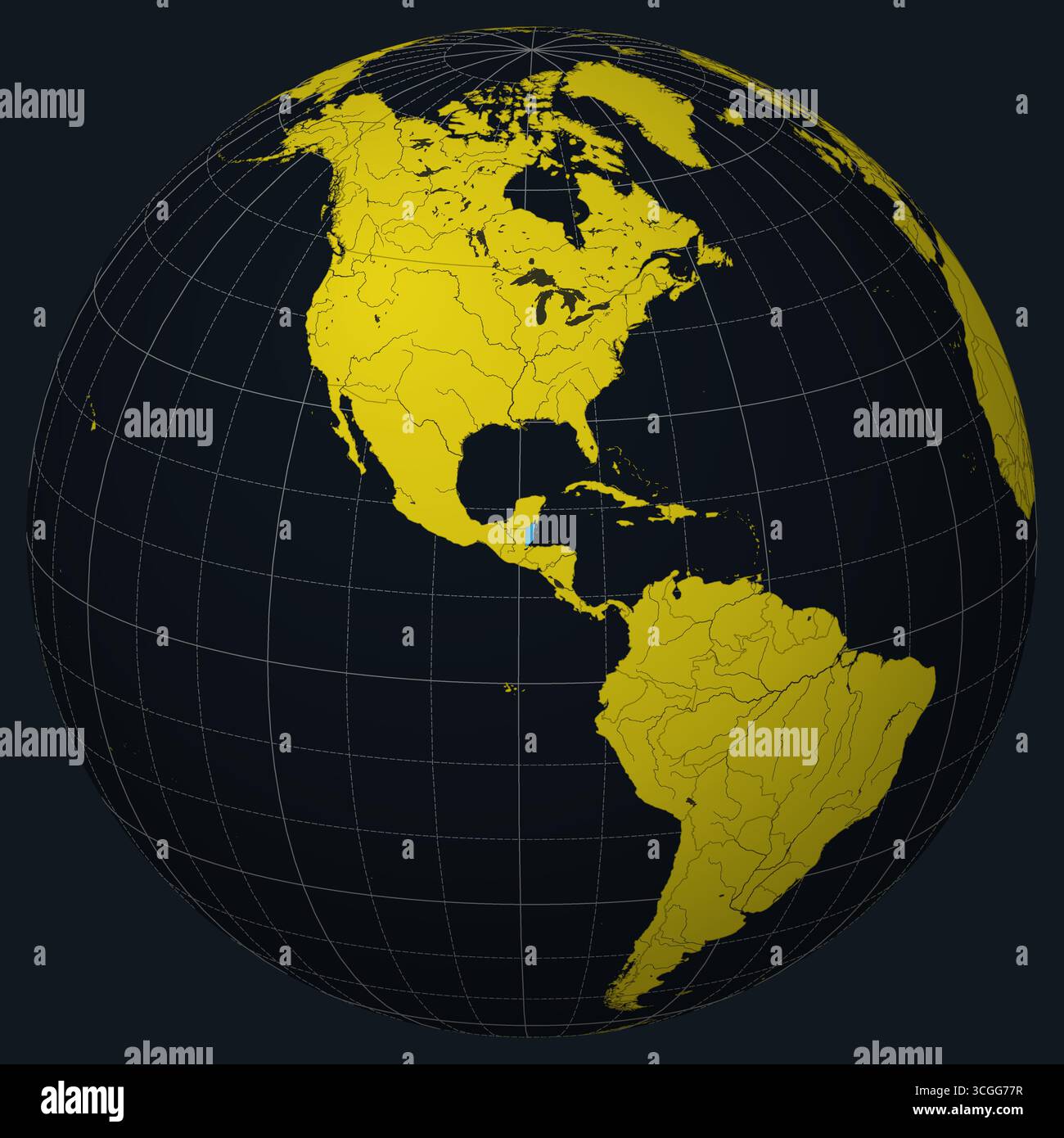 Belize auf Globe. Landansicht auf der Weltkarte in der Farbpalette Anthrazit Hellgelb. Belize-Form auf der Karte. Stock Vektor