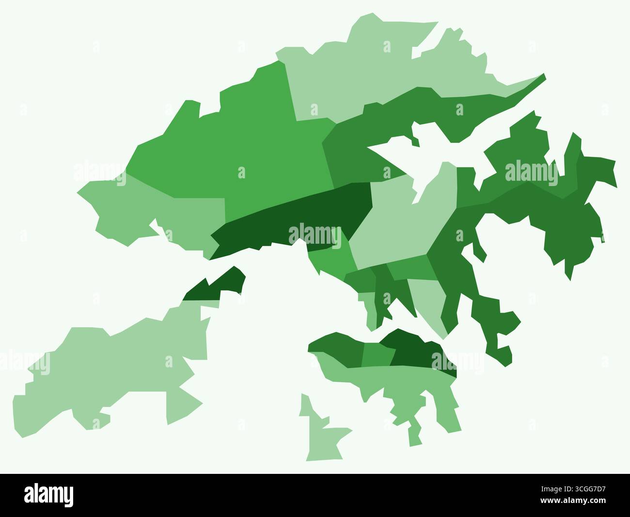 Karte von Hongkong mit Regionen. Nur eine einfache Ländergrenzkarte mit regionaler Aufteilung. Grüne Farbpalette. Stock Vektor