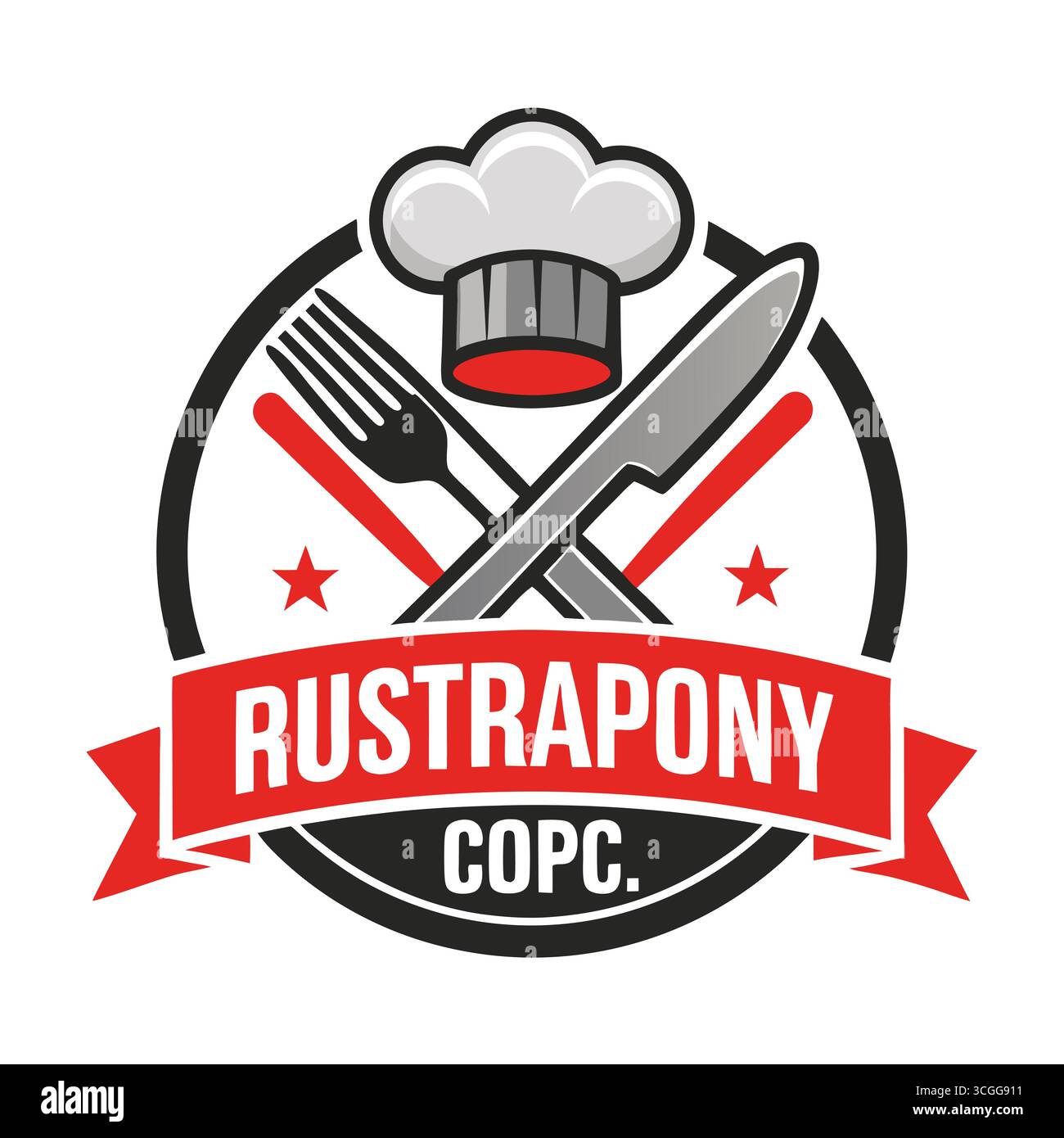 Ein detailliertes und stilvolles Logo mit Küchenutensilien und einem Banner für das Logo im Restaurant Stock Vektor