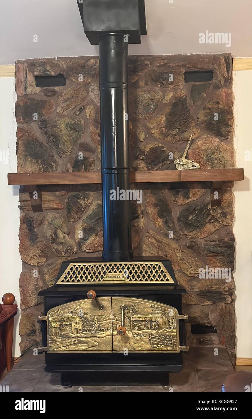 Ein Vintage-Gusseisen-Holzofen mit dekorativen, geprägten goldenen Türen und einem hohen Kaminrohr, das an einer rustikalen Steinmauer angebracht ist - Smartphone-aufgenommenes Stockfoto