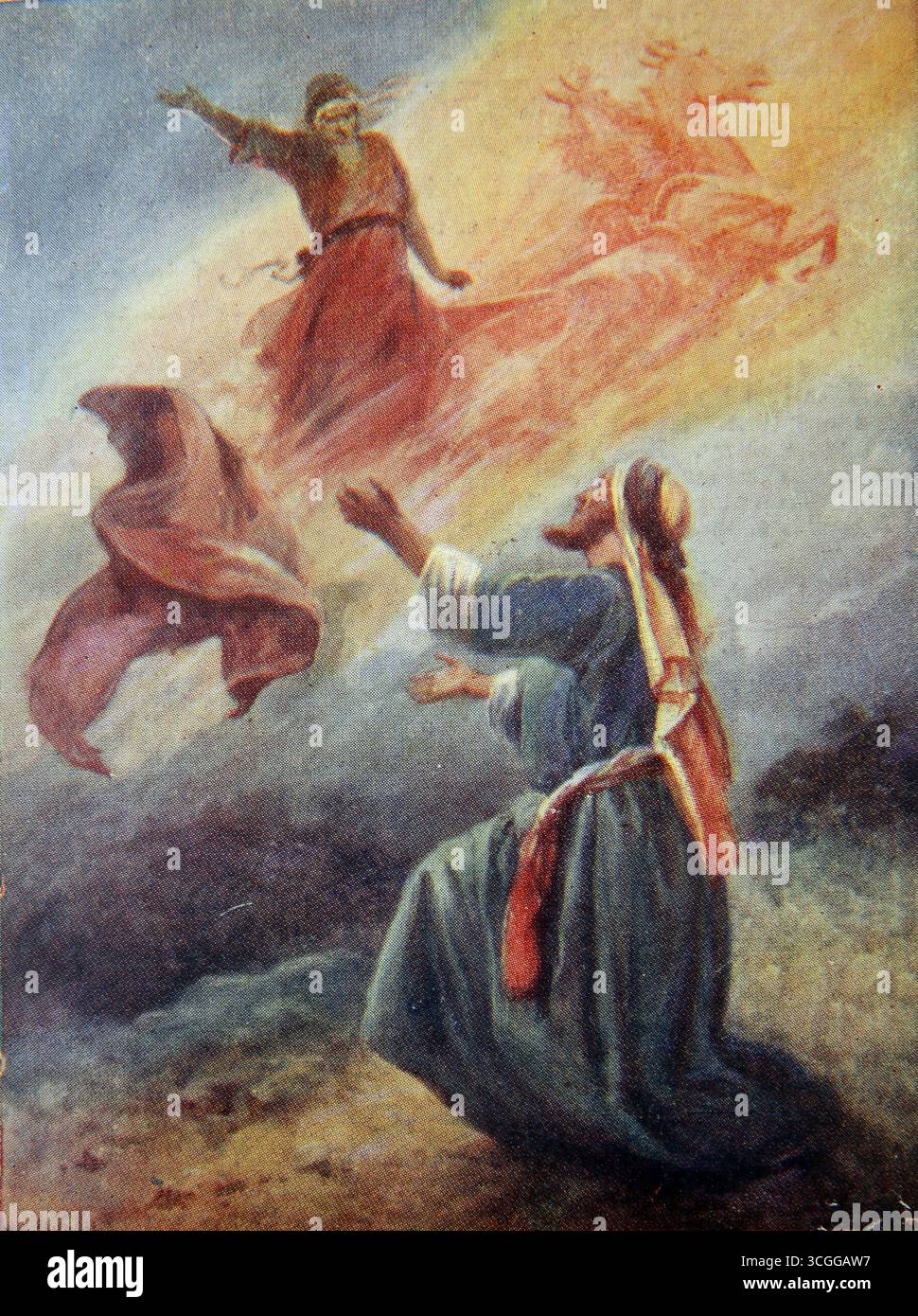 Illustration von Elia in den Himmel (2 Könige) Elischa sah, wie der Prophet Elia in einem Wirbelwind in den Himmel in einem Feuerwagen von Th aufsteigt Stockfoto