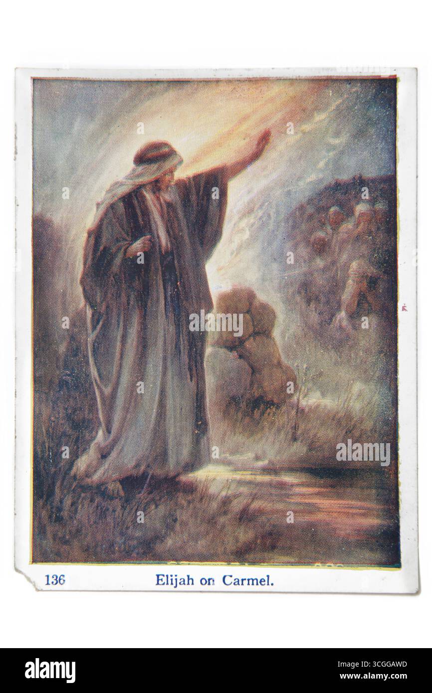 Illustration von Elias Opfer (Könige) - Elia opferte einen Stier und legte ihn auf den Altar und betete zu Gott, das Feuer auf dem Altar zu entzünden Stockfoto