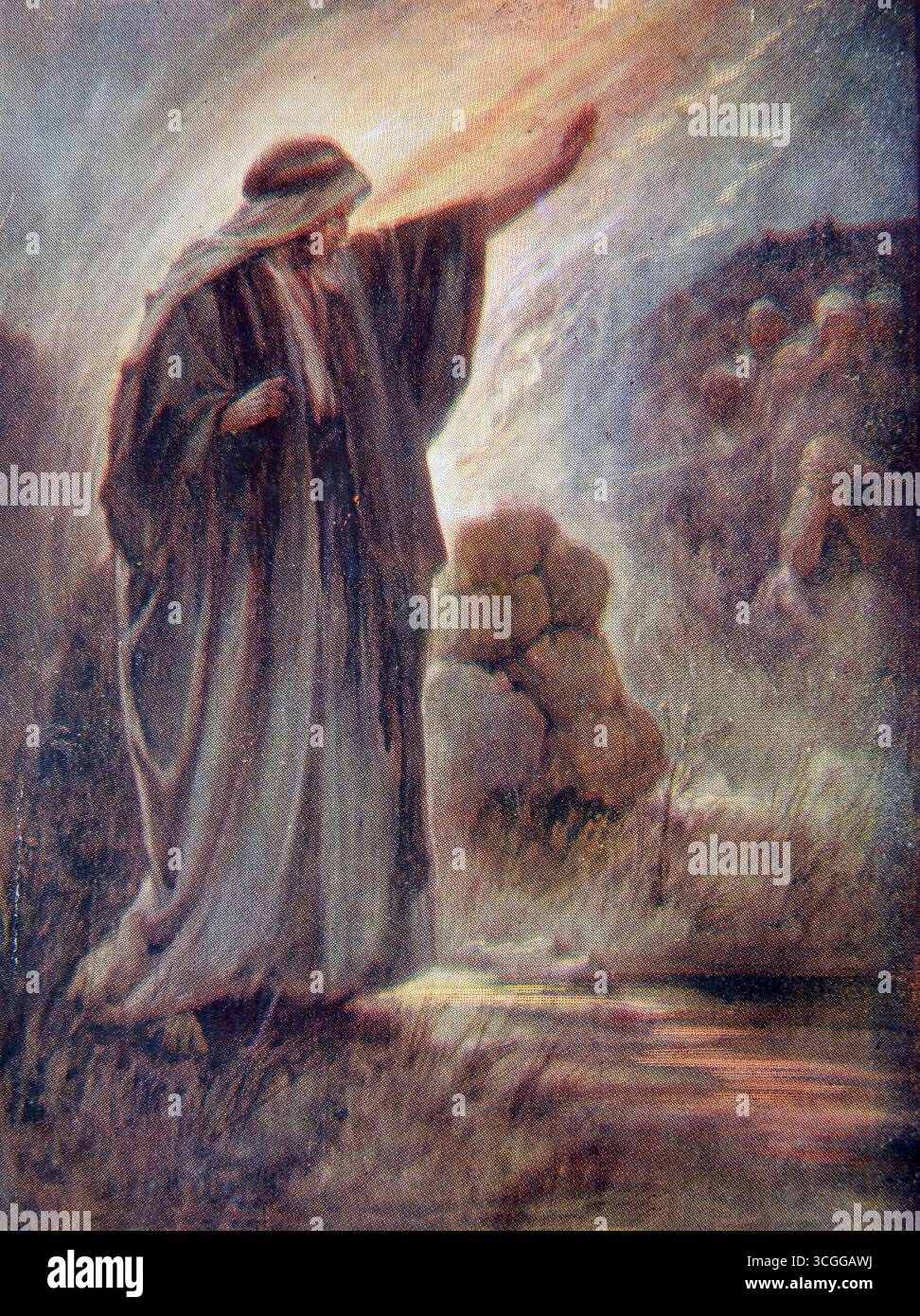 Illustration von Elias Opfer (Könige) - Elia opferte einen Stier und legte ihn auf den Altar und betete zu Gott, das Feuer auf dem Altar zu entzünden Stockfoto