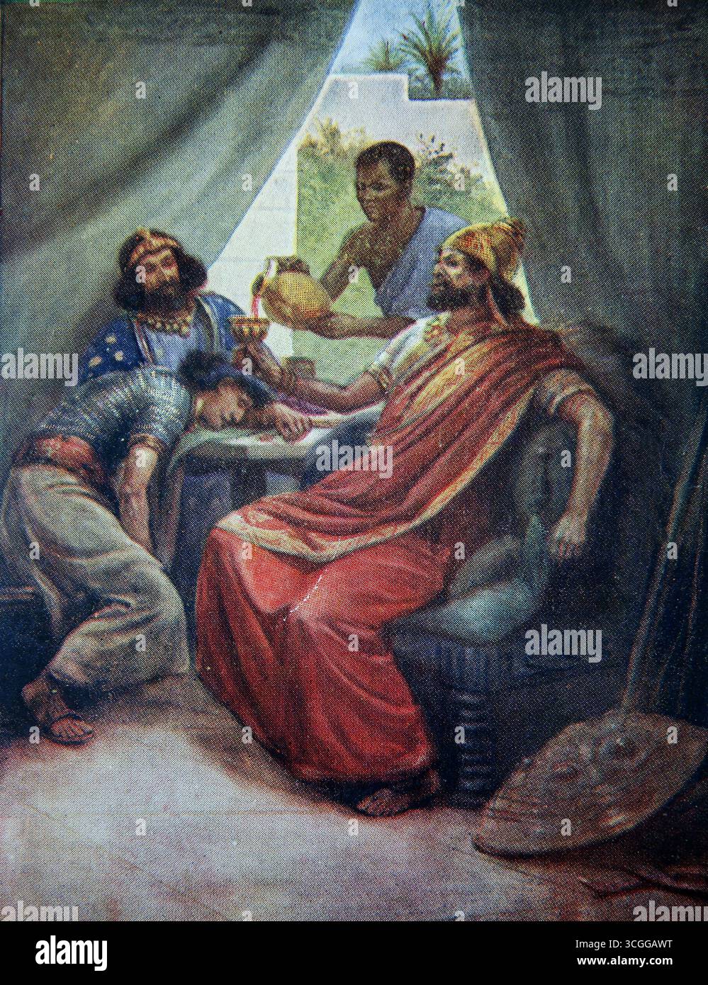 Illustration des Benhaded-Königs von Syrien, der Wein in einem Zelt trinkt, als eine Nachricht von König Ahab (Könige) aus dem 20. Jahrhundert 1915 Bibelstunde Pict kam Stockfoto