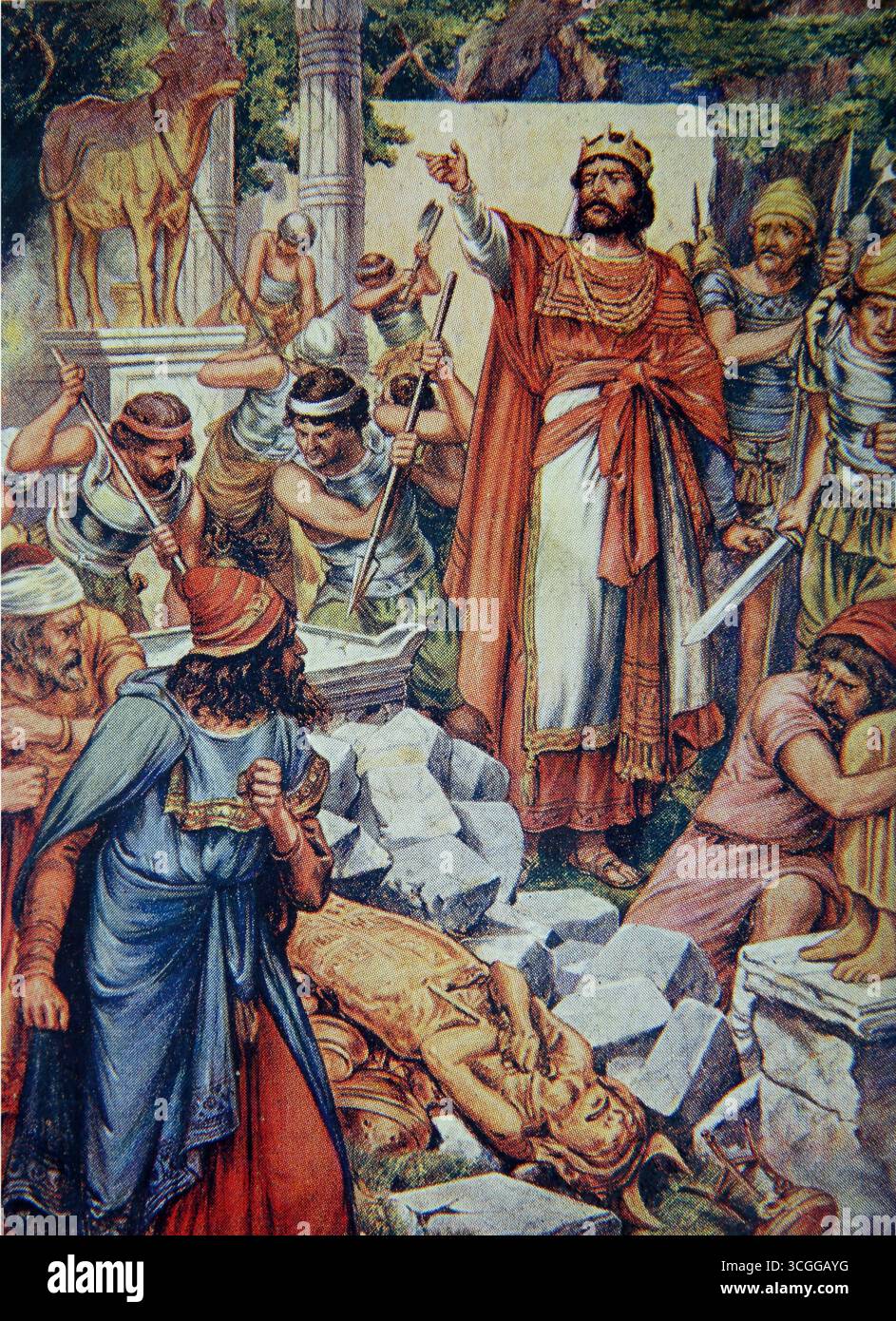 Illustration eines Königs, der die Altäre von Baal aus dem 20. Jahrhundert 1915 mit Bildern der Bibelstunde (Bilder der Kinder-Lektion) in Auftrag gab, die Sonntagsschulunion Stockfoto